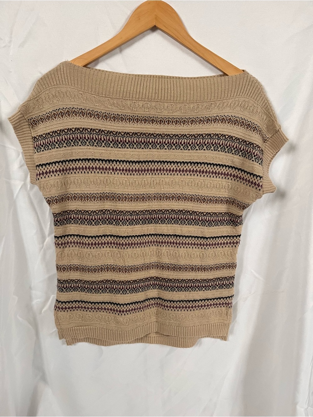 Beige Striped Knit Short-Sleeve Sweater